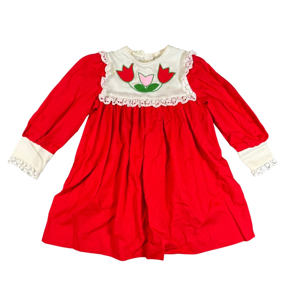 Kate Greenaway Vintage Girls Red Tulip Embroidered Lace Trim Dress Size 6